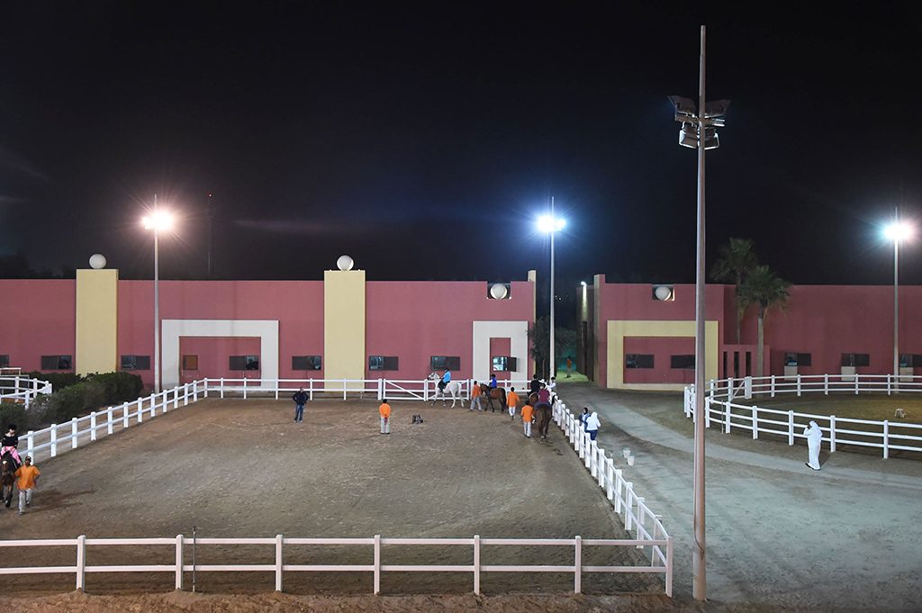 Evening group lesson under the arena lights at MEC